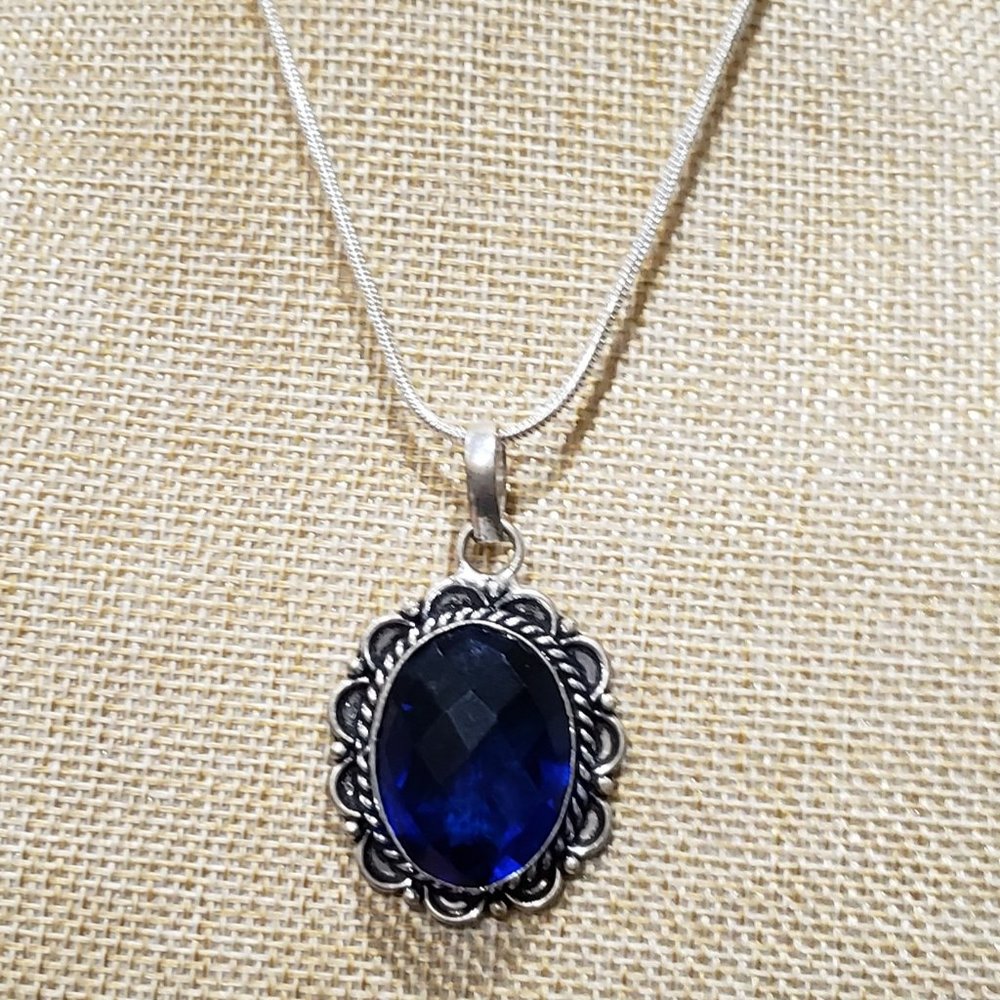 Beautiful Handmade Blue Quartz Topaz Gemstone 925 Vintage Antique Goth Necklace
